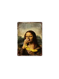 Mona Lisa Bathroom Metal Sign Funny Vintage Toilet Wall Decor Nose Pinching Stink Humor Da Vinci Inspired Rustic Metal Plaque 08*12 inch
