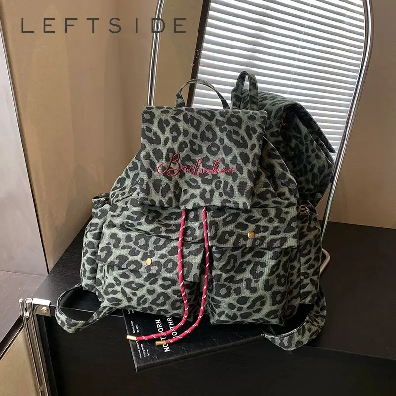 LEFTSIDE Women Canvas Lwopard Double Pockets Backpacks 2025 Luxury Designer Brand Trend Female Backpack Student Travel Bags