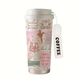 18oz insulated coffee mug, designed with inspirational prayer quotes - portable, dual-use (hot/cold drinks), floral and cross pattern, suitable for office, travel, Valentine's Day gift, birthday gift, essential for sports, spiritual gift |   Soft-toned dr