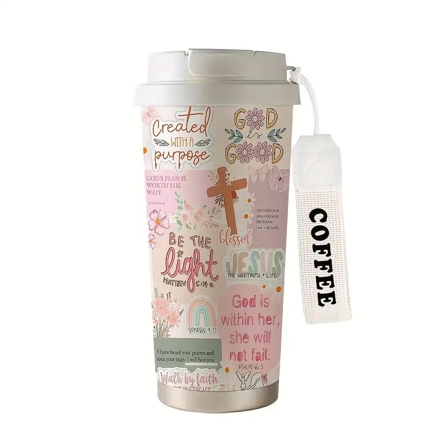 18oz insulated coffee mug, designed with inspirational prayer quotes - portable, dual-use (hot/cold drinks), floral and cross pattern, suitable for office, travel, Valentine's Day gift, birthday gift, essential for sports, spiritual gift |   Soft-toned dr