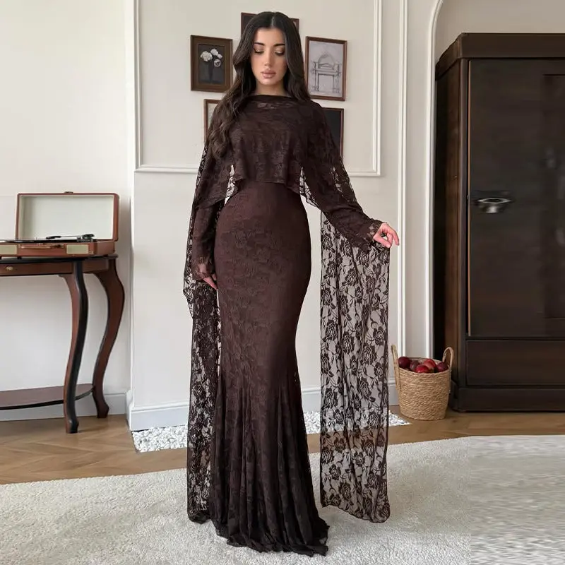 Womens Lace Slim-Fit Stylish Cape Dress
