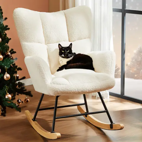 【Deal】SweetFurniture Modern Upholstered Armchair - Teddy Fabric, Foam-Padded Ergonomic High Fixed Back Glider Rocking Chair with Metal Long Curved Legs, Padded Seat for Adults, Modern Reading Love Chair for Bedroom, Assembly Required