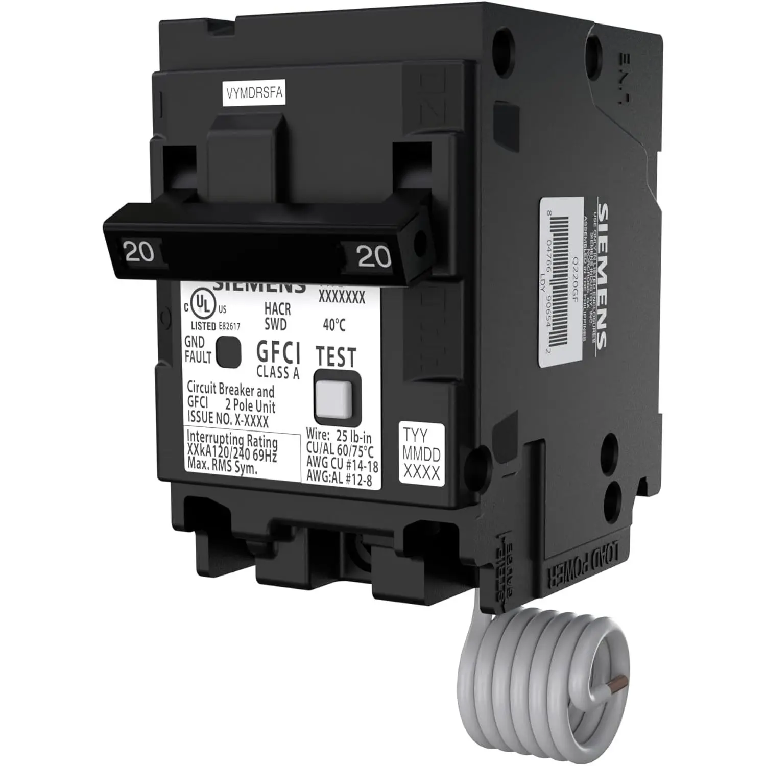 Siemens QP Q220GF GFCI Circuit Breaker, 20A Double-Pole, 120/240V, for Kitchens, Bathrooms, Crawl Spaces, Garages, with Fault Detection