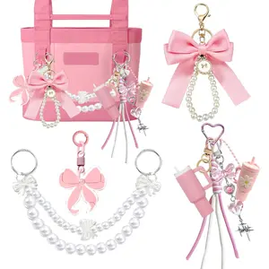 8PCS Tote Bag Decor Kit, Decorative Bow & Pom Pom Accessories, Compatible with YETI Camino 20/35/50 Carryall, Bogg Beach Tote Bags(Pink Peony)