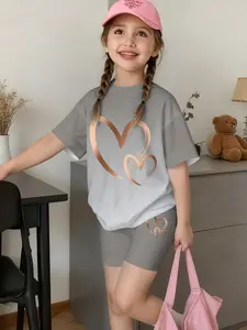 Heart Print Short Sleeve Set, Casual Fashion Summer Clothing Set, Girl's T-Shirt and Shorts Two-Piece Set, Cute Loose-Fitting