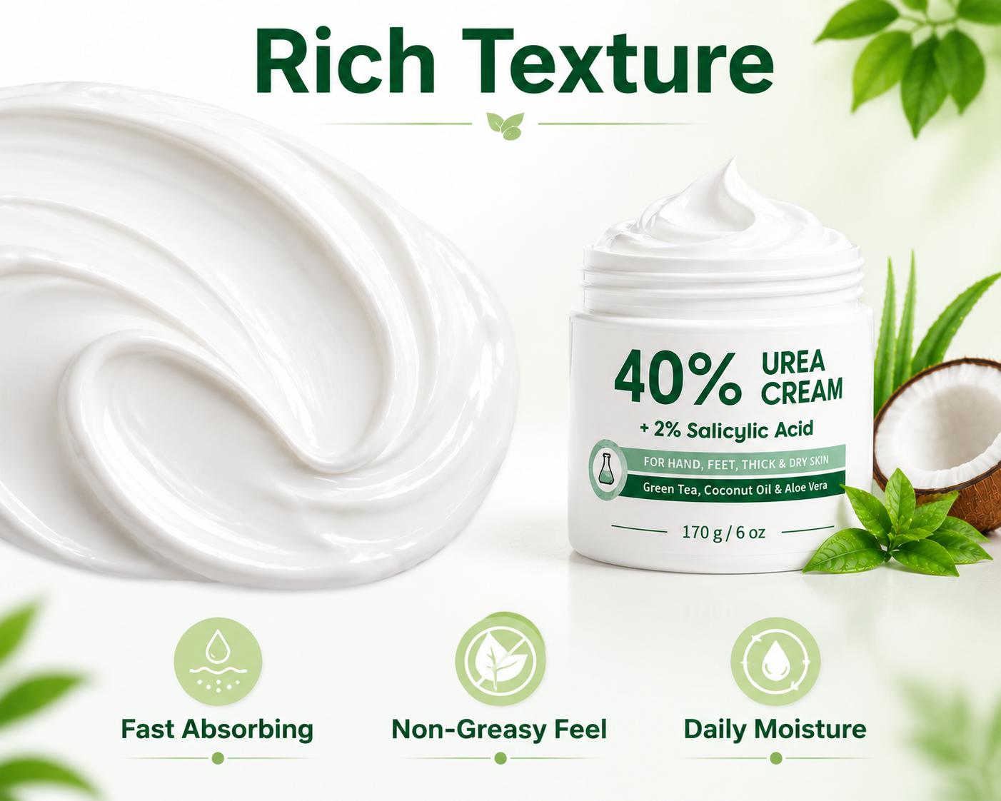 Urea Cream 40 Percent for Feet, Maximum Strength, 6 oz Foot Cream for Dry, Cracked Heels, Callus Care with 2% Salicylic Acid, Fast-Absorbing Daily Moisturizer for Hands, Elbows, Knees, Ankles and Rough Skin, 170 g / 6 oz