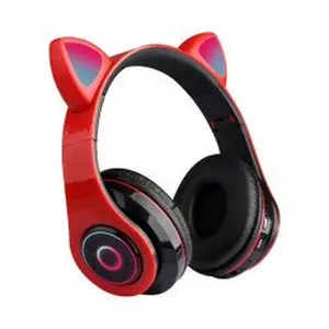 Kik_Bluetooth Wireless Cute Cat LED Foldable Headphone Headset with Built in Mic for Adults Children Work Home School for Universal Cell Phones, Laptop, Tablet, and More (Red)