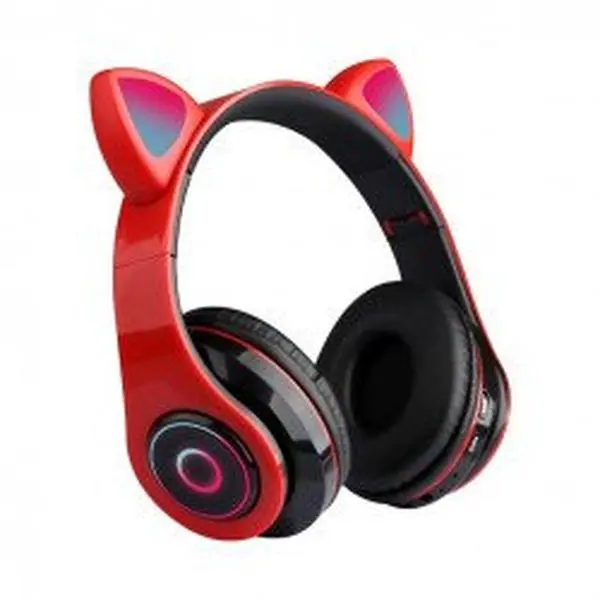 Kik_Bluetooth Wireless Cute Cat LED Foldable Headphone Headset with Built in Mic for Adults Children Work Home School for Universal Cell Phones, Laptop, Tablet, and More (Red)