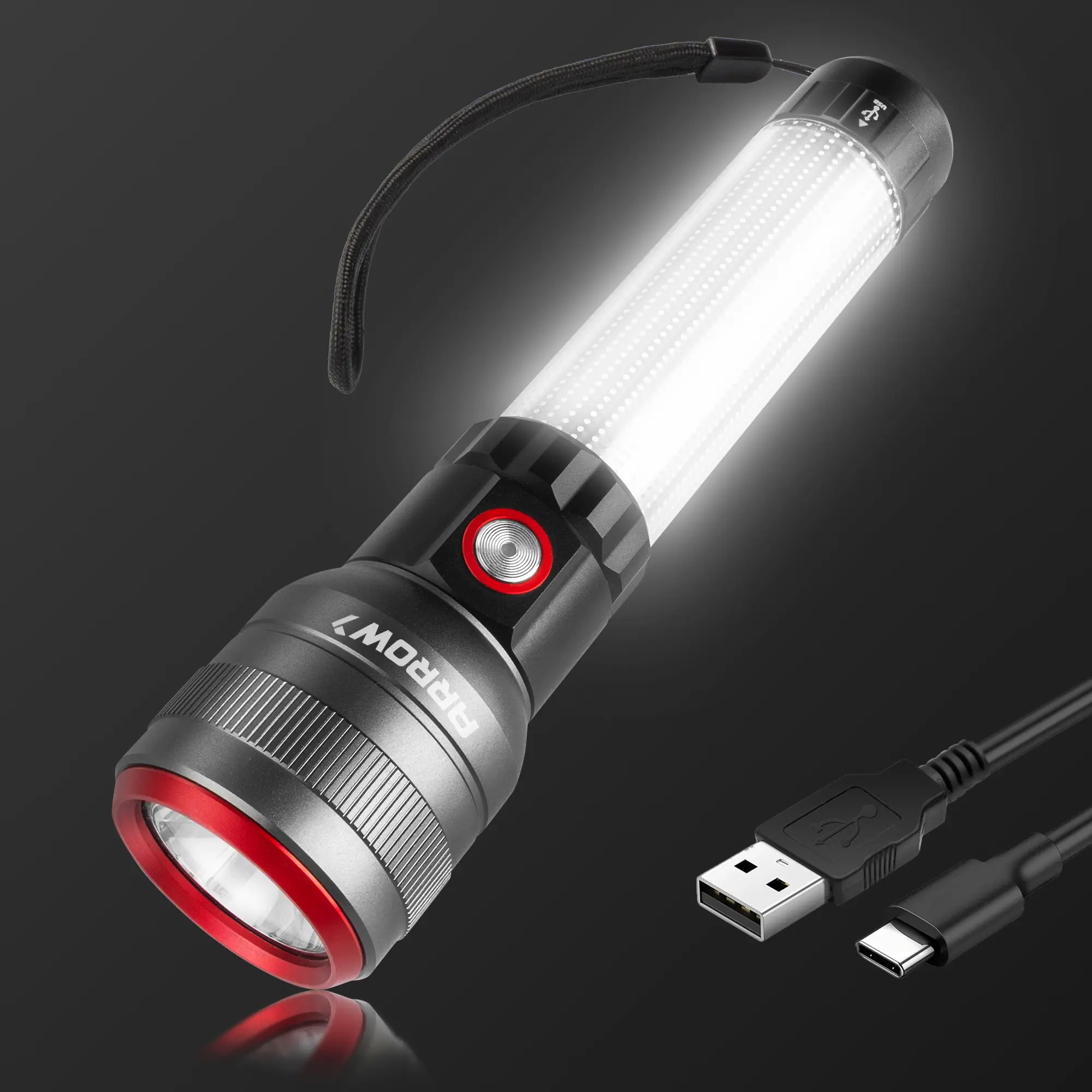 #summersale Arrow Rechargeable Flashlights 1200 Lumens with Body Area Light, Bright LED Flashlight with Memory Function, Flash Light with USB-C Charging for Camping, Power Outage & Emergency