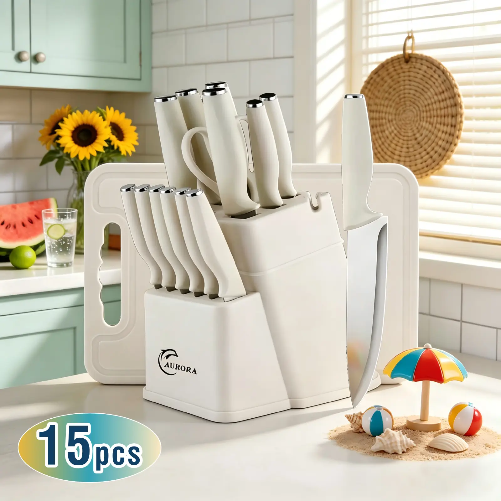 15-piece kitchen knife set including cutting board and knife holder, sharp stainless steel chef knives with ergonomic handles, space-saving kitchen knife combo, includes steak knife and scissors, dishwasher safe