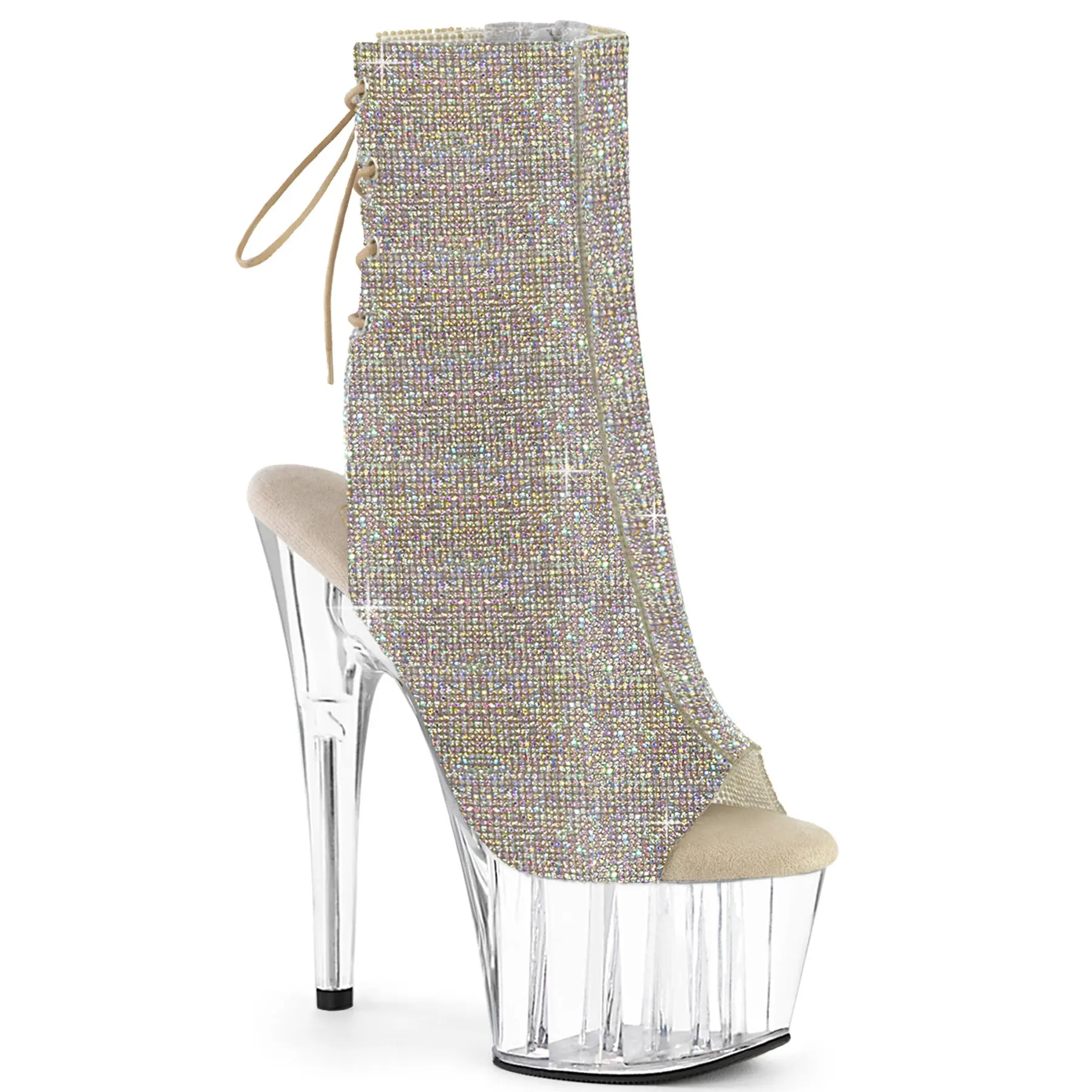 Pleaser Women's Lace Heeled Platform Boots - Adore-1018C-RS Silver AB Rhinestone/Clear Open-Toe Open-Heel, Inner Side Zip Fashion Footwear, High Heels