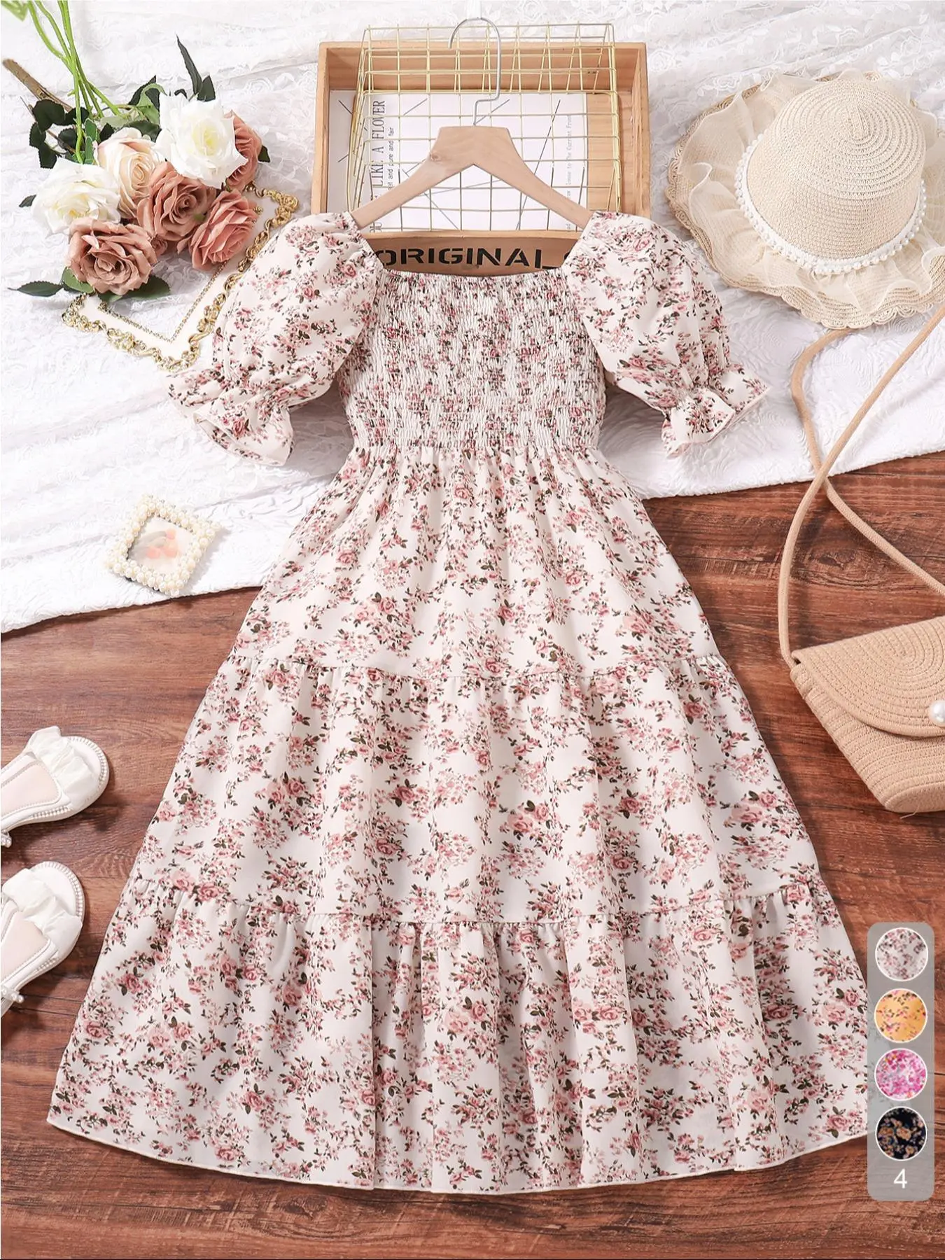 Girl's Ditsy Floral Print Ruffle Trim Shirred A Line Dress, Elegant Square  Neck Puff Sleeve Dress for Summer, Kids Clothes for Daily Wear - TikTok Shop
