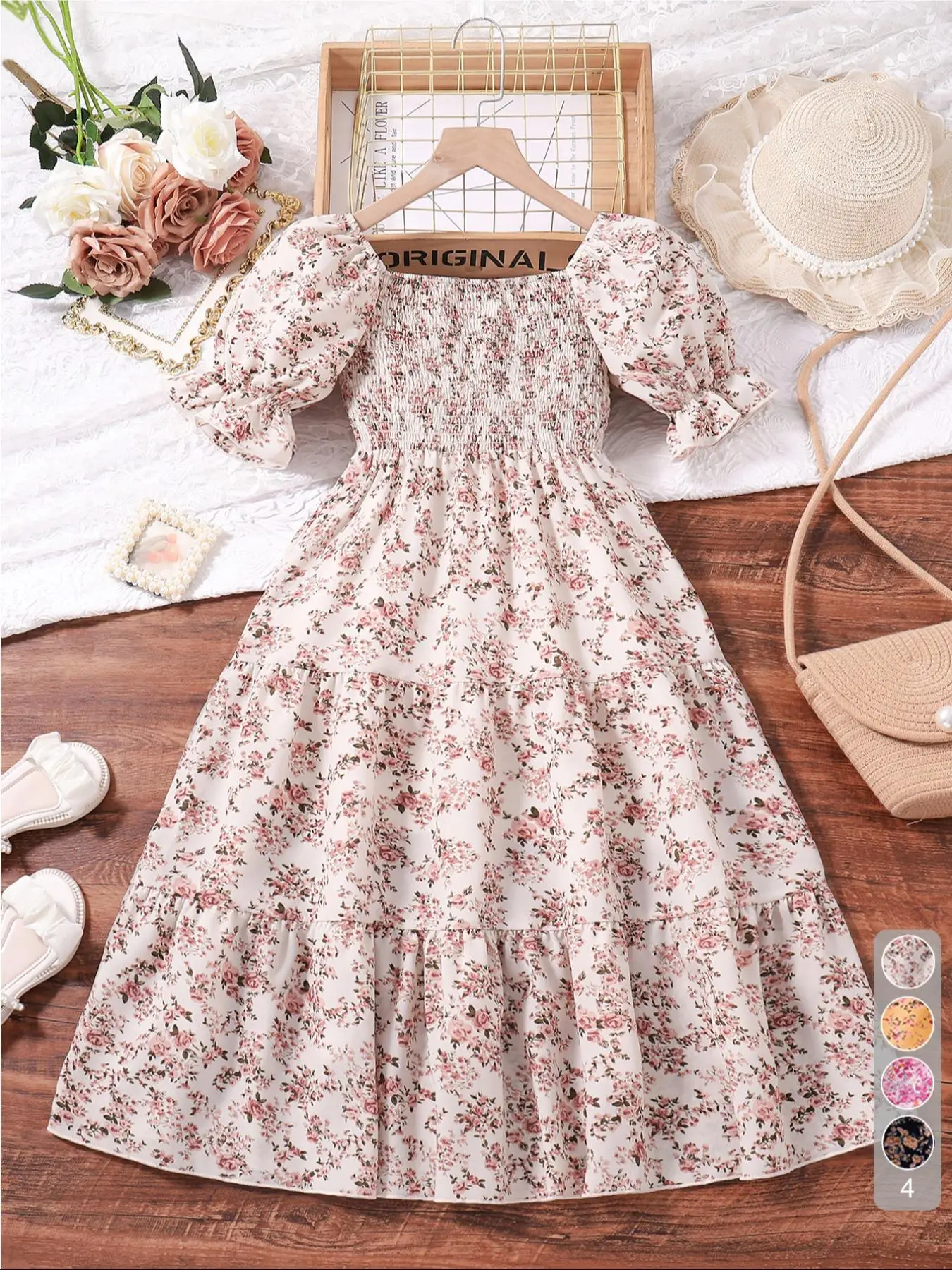Girl's Ditsy Floral Print Ruffle Trim Shirred A Line Dress, Elegant Square Neck Puff Sleeve Dress for Summer, Kids Clothes for Daily Wear