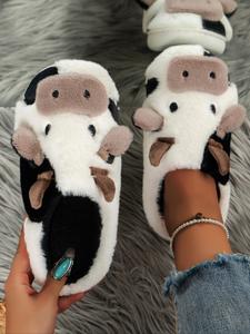 women's cute cow design plush slippers, warm bedroom fuzzy slippers, silent anti-slip slippers for indoor, outdoor, trending shoes, house slippers, fluffy house slippers, home slippers, affordable slippers, ladies slippers, footwear