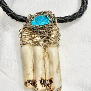 5D Astral Warriors Battle Pendant with Chrysocolla Stone and Bone Design for Unique Jewelry