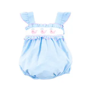 Happy Whale Blue Windowpane Smocked Amy Bubble - Summer Outfit for Little Girls