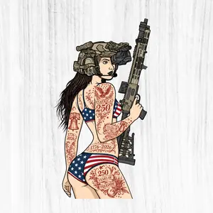 Back View Tactical Girl Sticker, America 250 Red Tattoo Decal, Patriotic Rifle Anime Vinyl Sticker