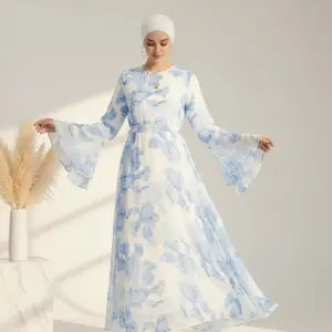 Blossom Printed Chiffon Abaya Dress for Women | Flared Sleeve Modest Maxi Dress Elegant Round Neck Long Sleeve Islamic Outfit for Party Wedding Guest Casual Wear All Seasons Lightweight Flowing Floral Abaya MA149