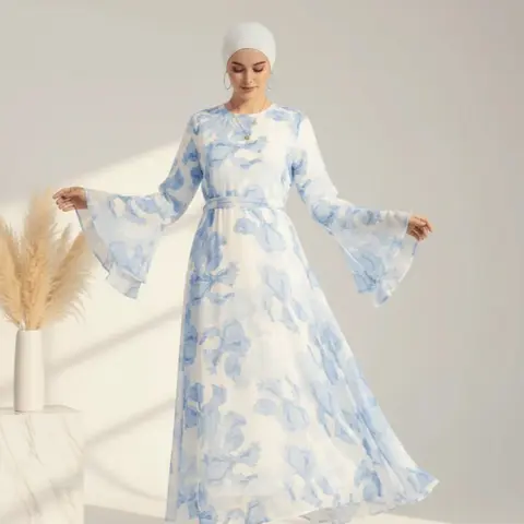 Women's Blossom Printed Chiffon Abaya Dress - Modest Maxi Dress, Flared Long Sleeves, Elegant Round Neck, Lightweight Flowing Islamic Outfit for Party, Wedding Guest | Modest Fashion Abayas MA149