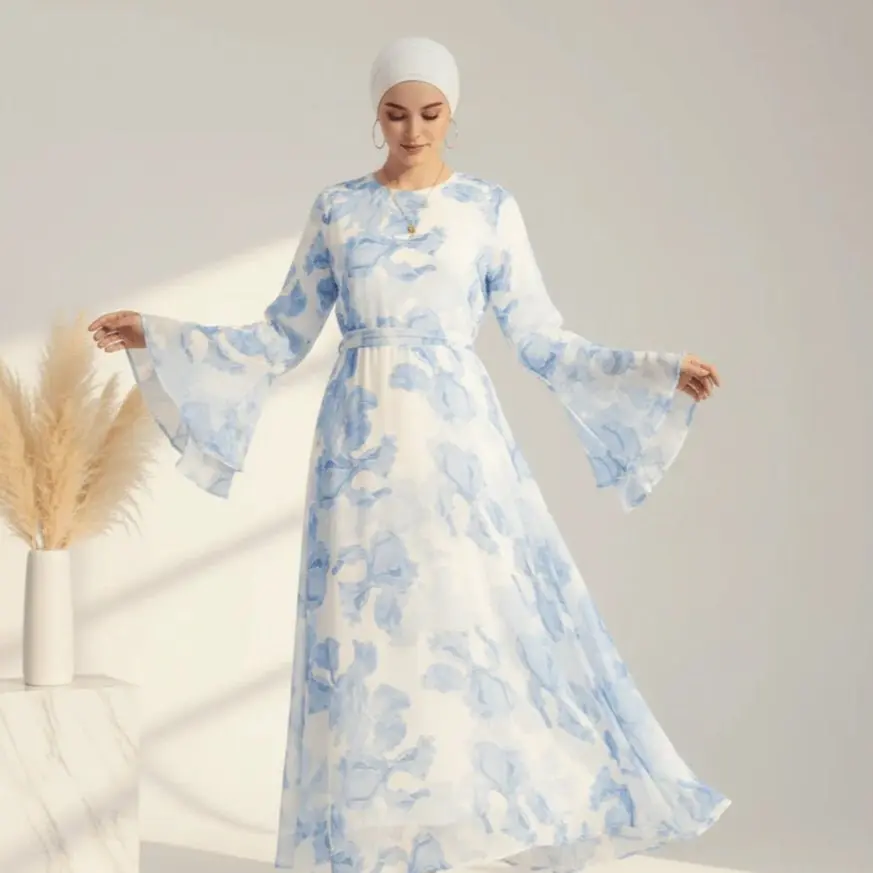Women's Blossom Printed Chiffon Abaya Dress - Modest Maxi Dress, Flared Long Sleeves, Elegant Round Neck, Lightweight Flowing Islamic Outfit for Party, Wedding Guest | Modest Fashion Abayas MA149