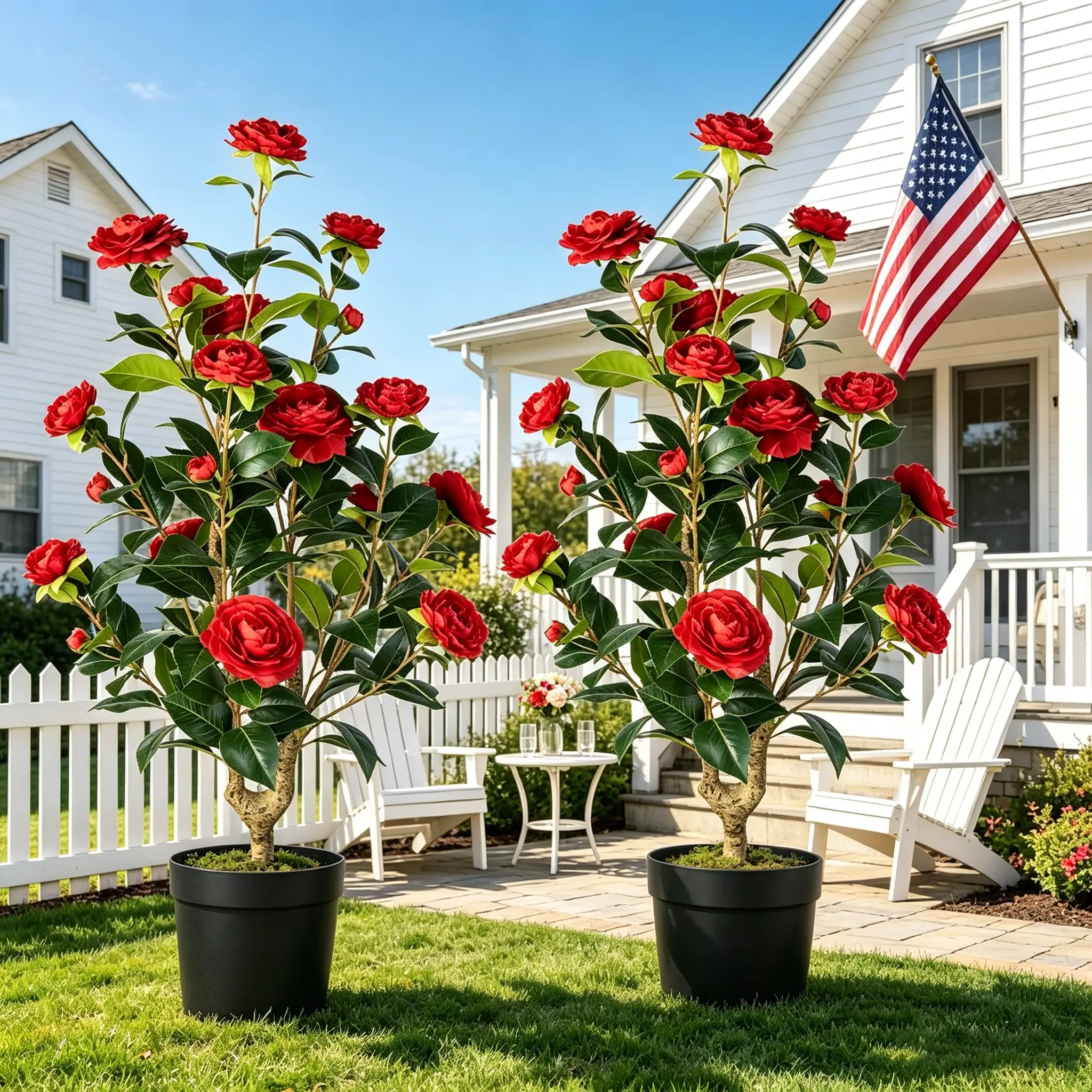 2-Piece Simulation Camellias, Artificial Flower Plant Flowering Tree Cement Basin, Green Potted Simulation Plant Tree Indoor And Outdoor Office Home Porch Decoration.
