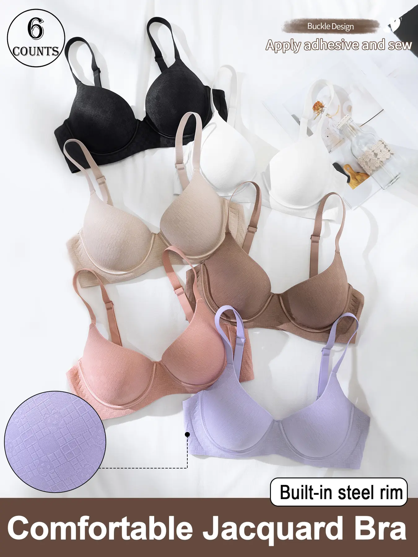 6-piece set of high-quality seamless jacquard fabric women's bras, push-up and lift type, simple, comfortable, and skin-friendly, with hook-and-eye closure and removable pads, adjustable straps, beautiful back design, sexy seamless daily wear women's bras