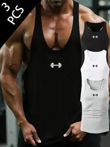 Men's 3PCS Athleisure Tank Tops, Athletic Apparel, Ultra-Soft Breathable Sleeveless Muscle Tees with Dumbbell Logo, Perfect for Gym Workouts, Urban Streetwear, Everyday Casual Style, Slim Fit & All-Season Active Tops Men's Sportswear