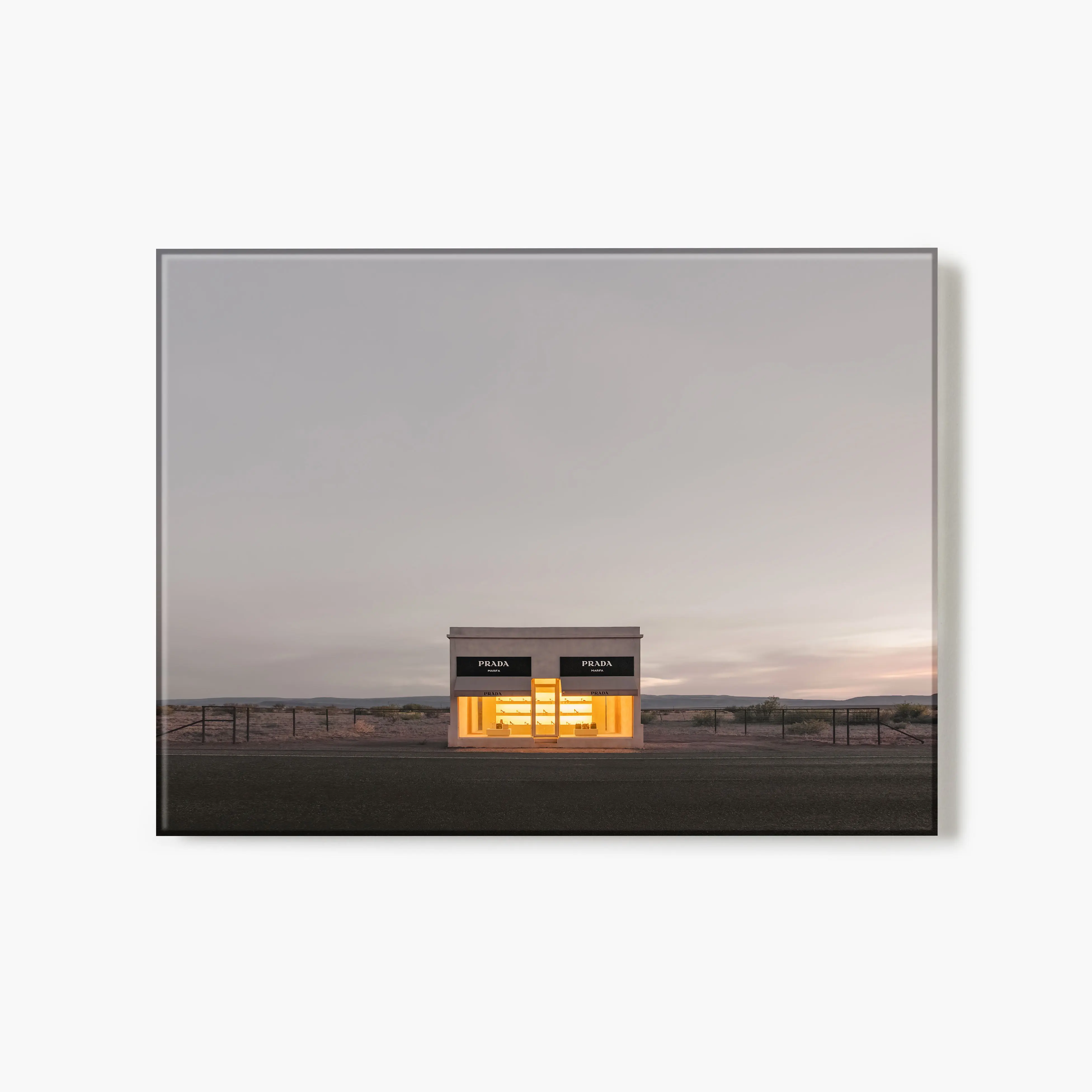 Prada Marfa After Dark Glass Print Artistic Wall Poster, Multi-Size Photo with Moody Sky & Irony Touch, Modern Home Decor for Small Nature-Inspired Spaces