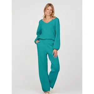 MEROKEETY Women’s 2-Piece Knit Lounge Set – Soft Long Sleeve V-Neck Pullover & Wide Leg Pants, Cozy Fall Outfit for Travel, Coffee Runs & Everyday Wear