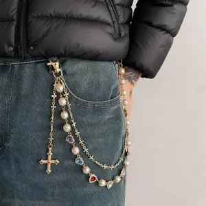 Y2K Men's Pearl Rhinestone Hip Chain Belt with Cross Charm – Trendy Streetwear Men's Accessories, Men's Valentine’s Gifts 2026