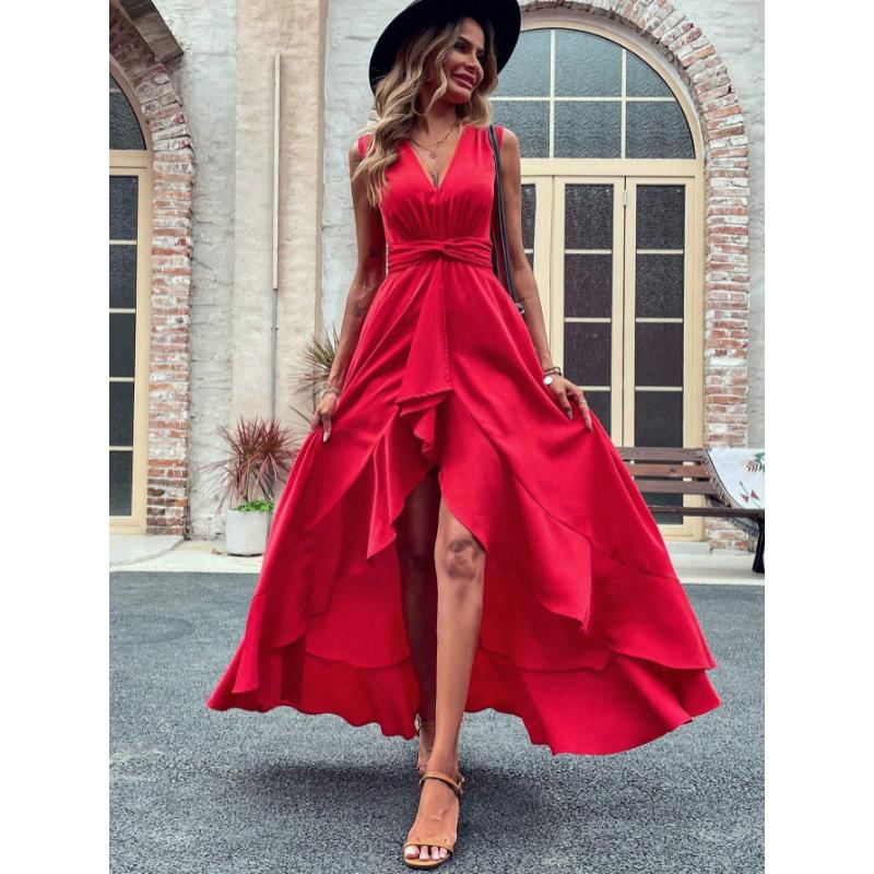 SHEIN Clasi Women's Pleated Waist High Low Hem Sleeveless Dress For New Year Clothes Maxi Women Outfit