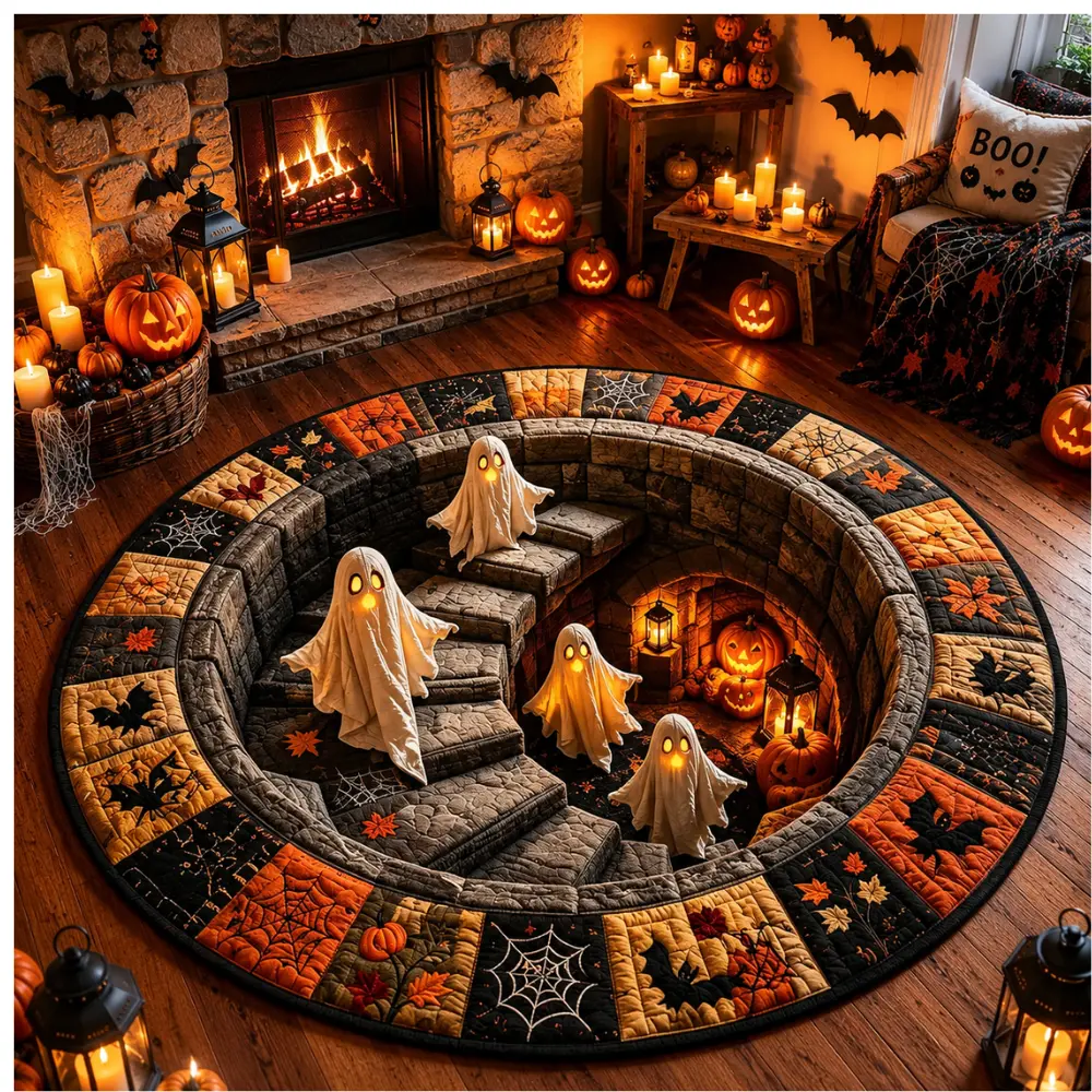 32-Inch 3D Halloween Illusion Round Area Rug - Spooky Ghost, Pumpkin Design Haunted Floor Mat for Bedroom, Halloween Party Decor