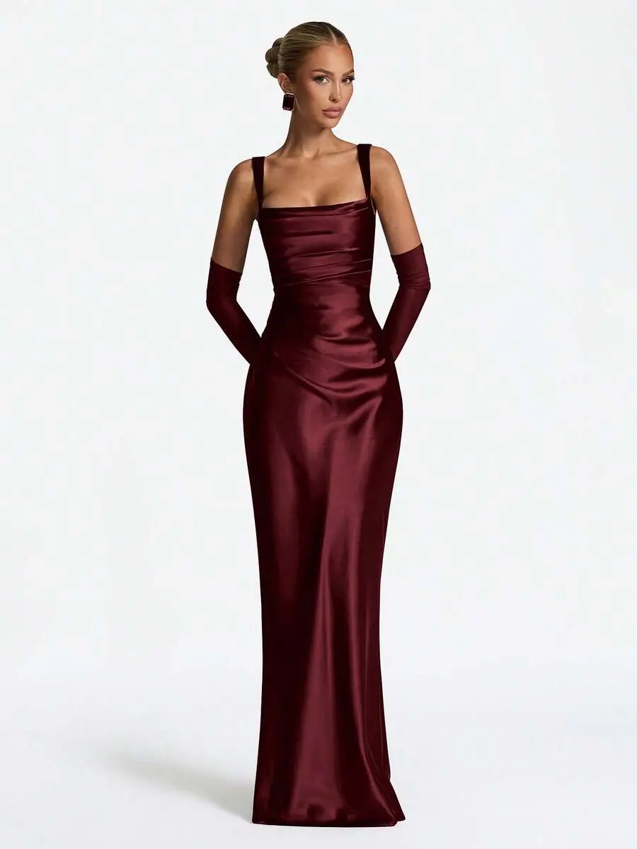 Women's Formal Satin Midi Slip Dress - Smooth Fabric, Adjustable Waist Tie, Sleeveless Style, Side Slit, Flattering Fit for Parties, Weddings
