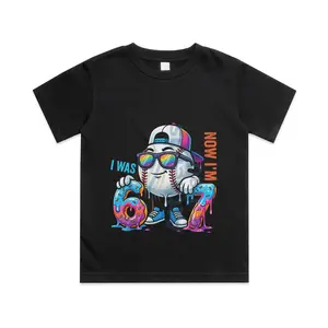 I was 6 Now I'm 7 Birthday Baseball Boys Kids 67 Meme Cotton T-shirt, Graphic Print Round Neck Short Sleeve Casual Tee for Boys Girls