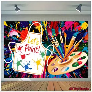 2D Flat Banner, Colorful Paint Splatter Art Activity Backdrop for Birthday Parties, Weddings, and Creative Events, Made of for Indoor and Outdoor Use, Featuring an Inviting White Apron, Paint Palette, and Diverse Paintbrushes., 2D Flat