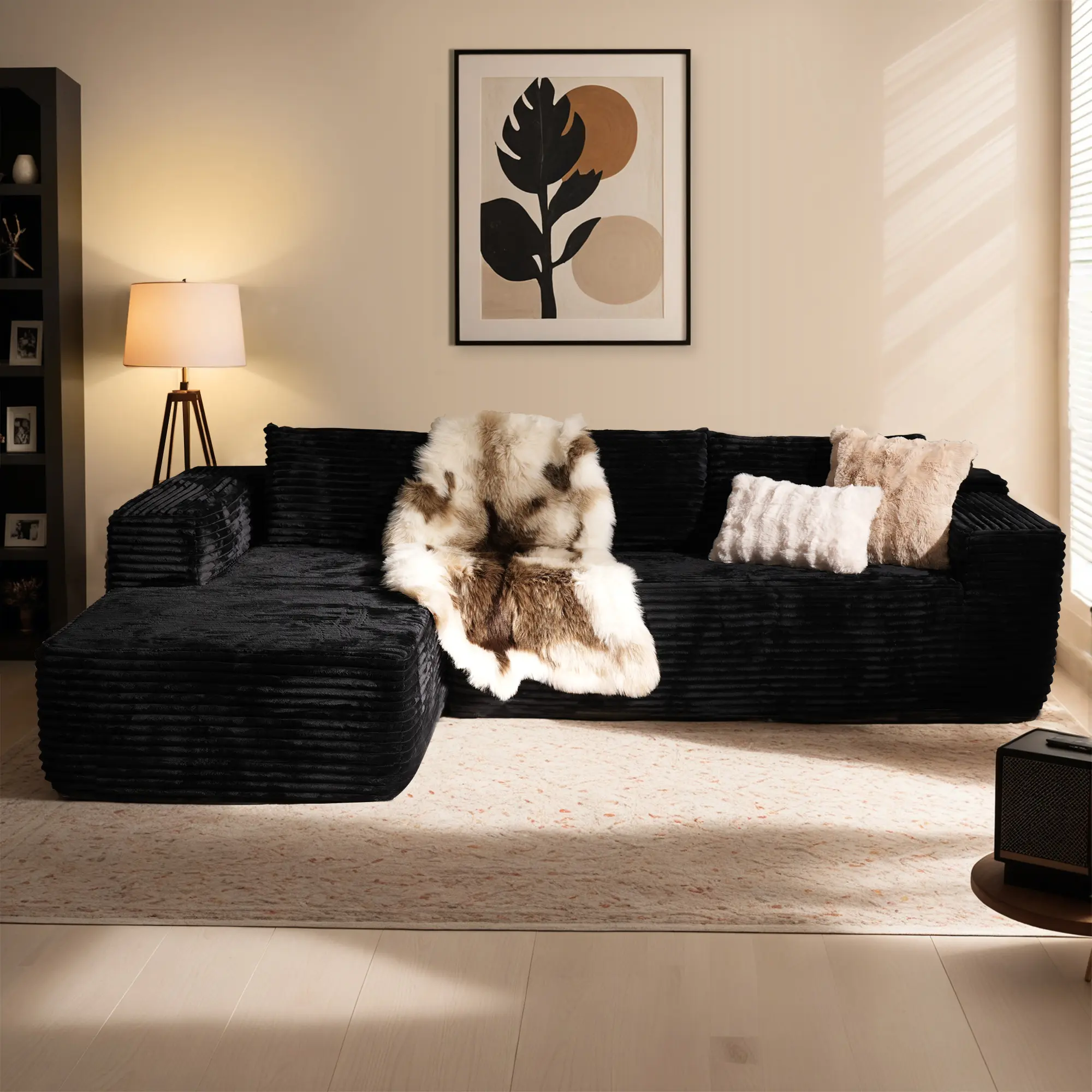 Black Plush Corduroy Left Chaise| L-Shaped Sofa