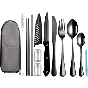 Travel Utensils with Case Portable Travel Camping Cutlery Set Stainless Steel Flatware Set Lunch Boxes Workplace Camping School Picnic Black