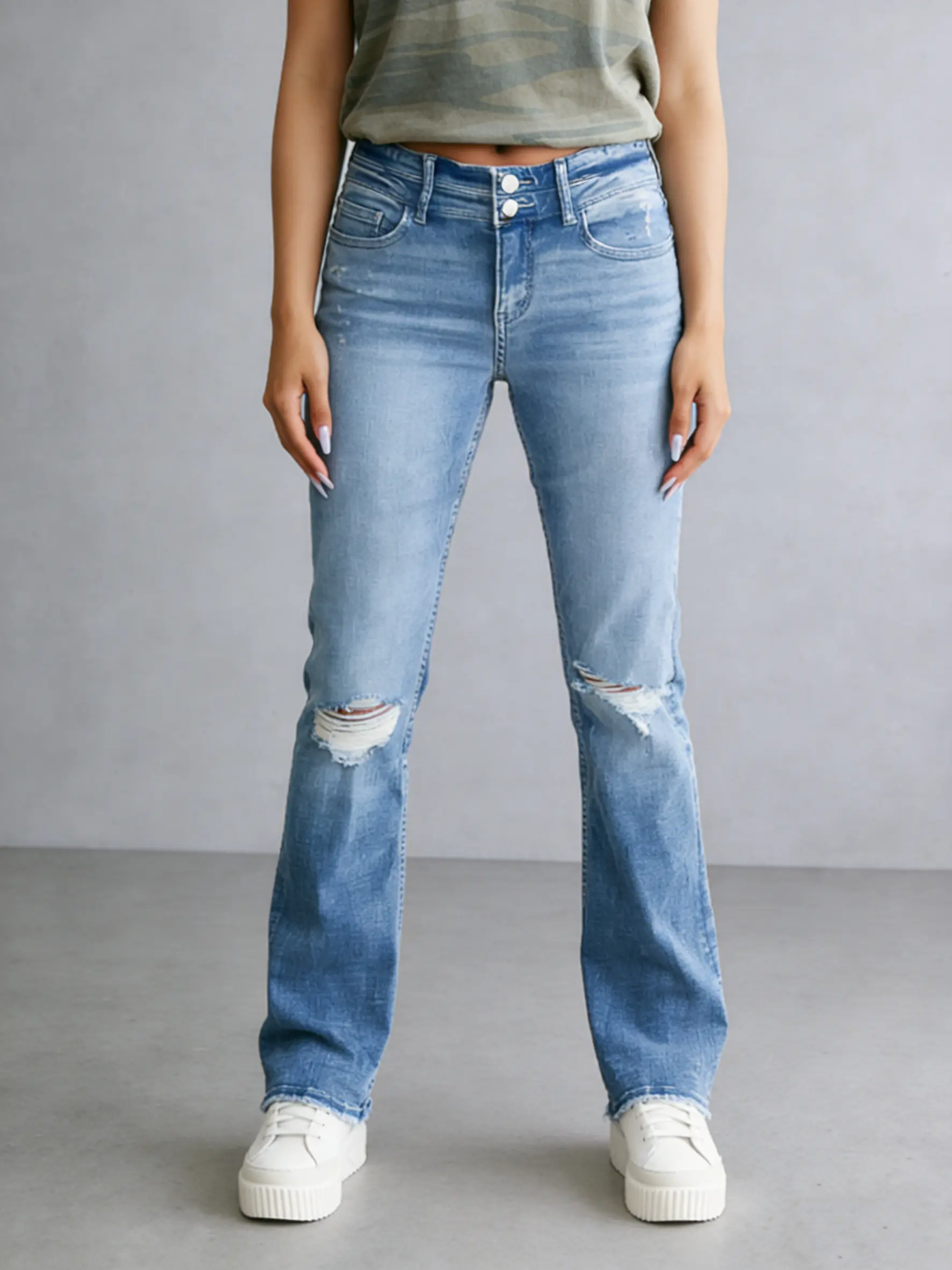 Women's Mid-Rise Insta Stretch Flare Bell Bottom Jeans Wide Leg Jeans Stretchy Denim Pants Mid-Rise Insta Stretch Denim Ripped Womenswear jeans