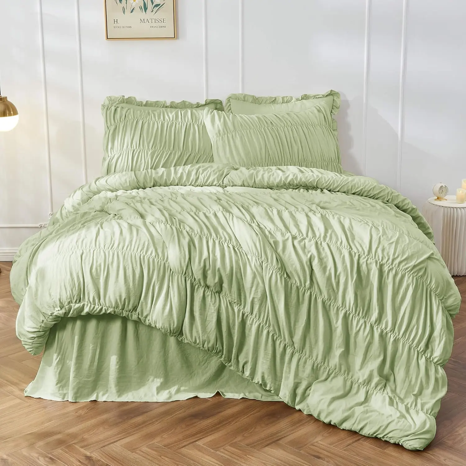 Size Comforter Set Bedding - Ruched Sage Green Comforter  Bed Set Boho Shabby Chic Bedding for Bedroom Comforter  3 count Ruffle Comforter Set Green Luxury Bedding