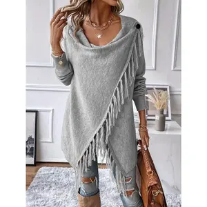 Women’s elegant brown tassel shawl with ruffled hem — cozy long cardigan for fall/winter, casual style with fringe detail, perfect for casual wear, cozy clothing | Fringe Detail Cardigan | Fringe Shawl