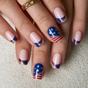 Patriotic Flag Press On Nails | 30Pcs Short Square Fake Nails | Glossy Finish with Red-White-Blue Flag Motifs & Sparkling Glitter | Easy to Apply, Comfortable & Long-Lasting | Great for Independence Day, Parades, National Festivities