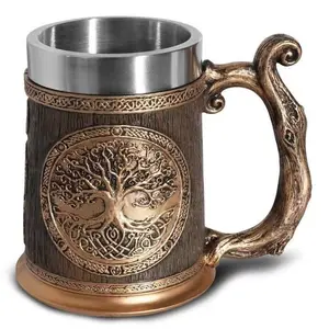 Original Handmade Viking Mug - 20oz Yggdrasil Tree of Life Beer Tankard - Stainless Steel Medieval Celtic Pirate Heavy Cup - Norse Mythology Decor Gifts for Men Women