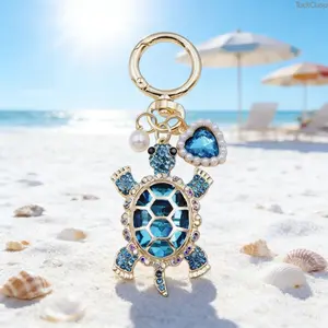 Ocean-Style Turtle Keychain with Pearl Heart Charm, Cute Marine Animal Bag Charm, Unisex Key Ring for Bags and Keys, Trendy Friendship Gift for Everyday Use