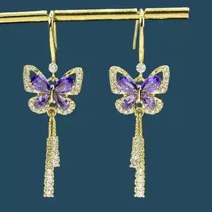 Pair Purple Elegant Butterfly Dangle Earrings for Women, Cute Animal Pendant Long Tassel Holiday Theme Jewelry for Women Vacation & Gift Giving