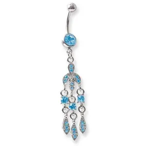 Surgical Stainless Steel Curved Belly Button Ring - Fancy Dangle Blue Crystal