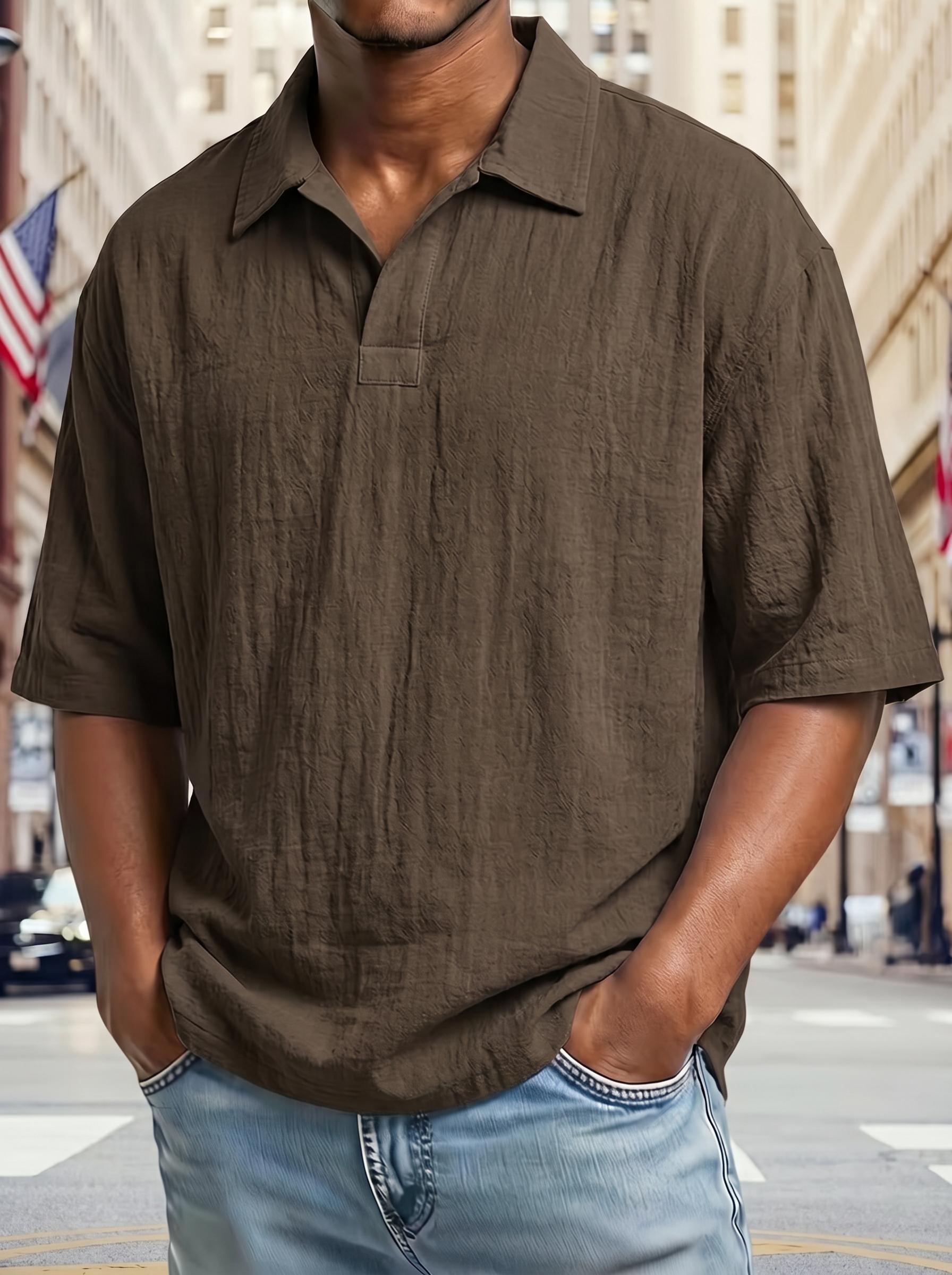 American Retro Men’s Casual Polo Shirt, 2026 New Style, Loose Fit Textured Short Sleeve, Solid Color Turn-Down Collar Top, Mature Style