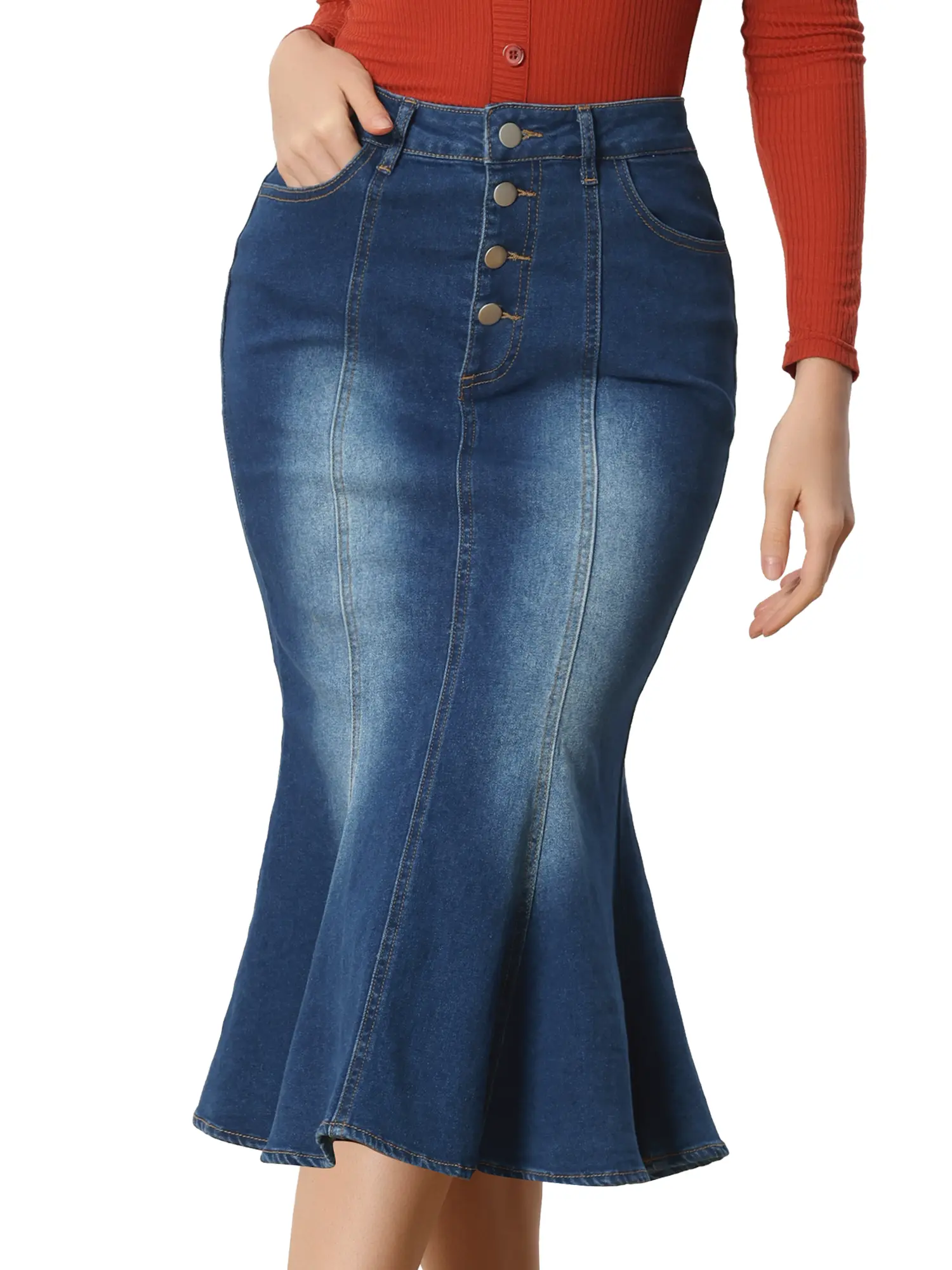 INSPIRE CHIC Denim Skirt Washed Fishtail Midi Skirt