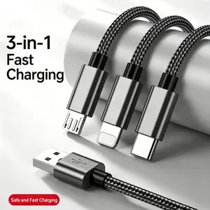 3-in-1 Fast Charging Cable For iPhone Samsung Xiaomi POCO Redmi Huawei vivo OPPO realme Motorola Sony Nokia Infinix Tecno Itel Pixel BlackBerry ZTE ROG Philips for Power Bank, Wireless Bluetooth Earphones, Universal Car Devices Micro USB Type-C Lightning