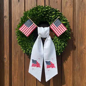 Patriotic USA Flag Embroidered Wreath Sash – 4th of July Front Door Bow Decor, Americana Ribbon Accent