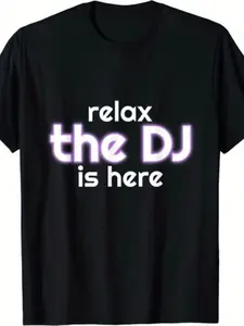 Men'S Retro "Relax The DJ Is Here" Graphic T-Shirt - Funny Music DJ Tee with Neon Pink & Lettering, Casual Short Sleeve Round Neck Shirt for Parties, Casual Attire & DJ Events - Comfortable All-Season Fit for Music Lovers - Playful Print